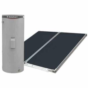 Split system solar hot water system from Solahart which has a roof mounted solar panels and ground mounted hot water tank