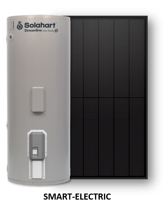 Solahart Streamline solar-ready hot water system and Solahart Silhouette solar panel